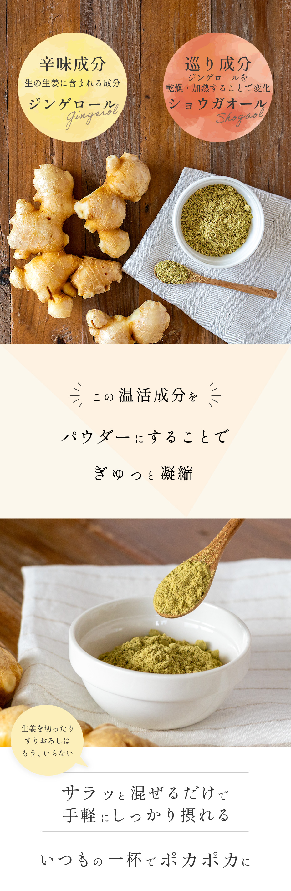 ジンゲロール ショウガオール パウダーにすることでぎゅっと凝縮 サラッと混ぜるだけで手軽にしっかり摂れる