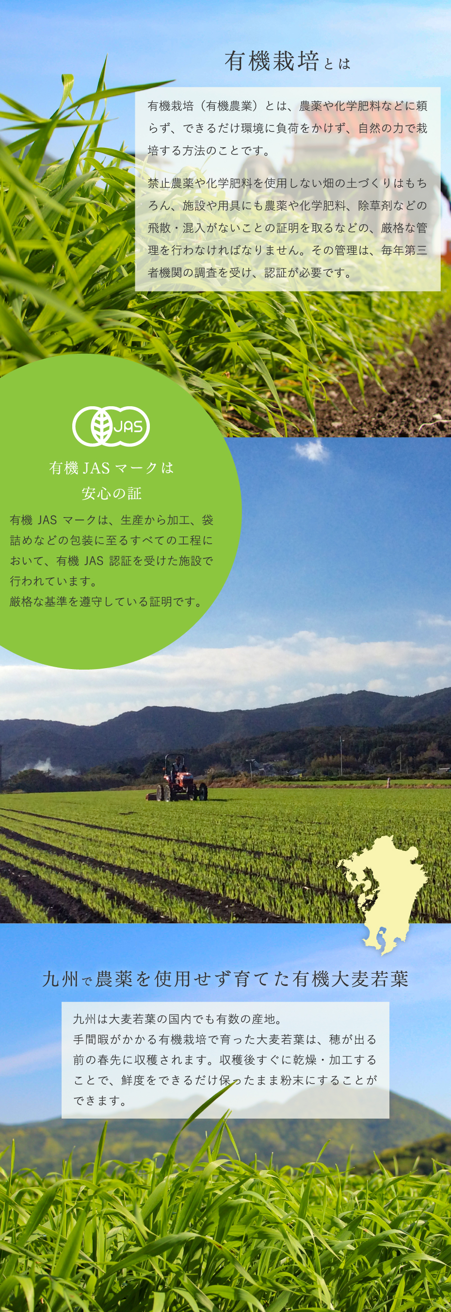 有機栽培とは。九州で育ったオーガニック大麦若葉を使用